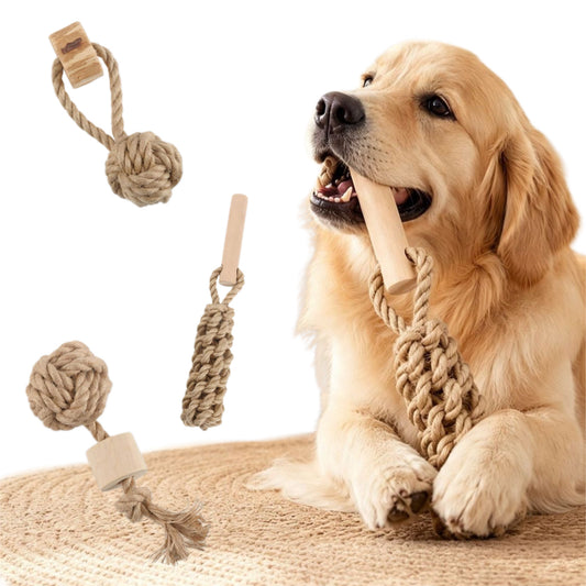 Natural Wood & Hemp Rope Dog Chew Toy