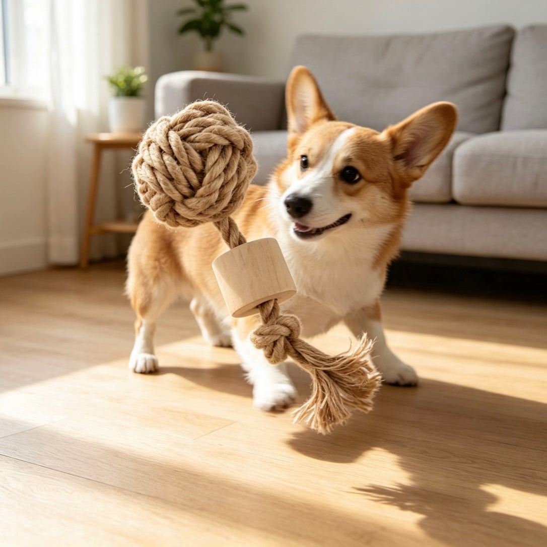 Natural Wood & Hemp Rope Dog Chew Toy